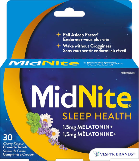MidNite 天然助眠咀嚼片 - 樱桃味 | 含褪黑素、洋甘菊、薰衣草和柠檬香脂 | 缓解偶发性失眠 | 不易成瘾 | 30 片