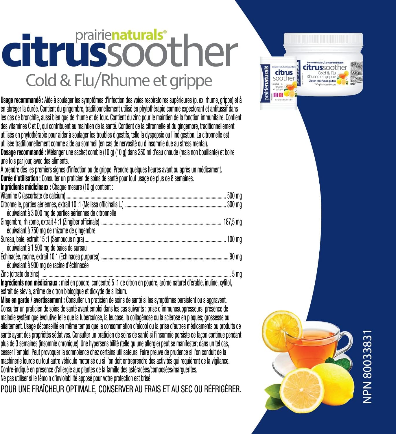 Prairie Naturals 柑橘舒缓感冒和流感热饮，增强免疫力，含接骨木果、锌、维生素 D 和 C 以及柠檬香蜂草 - 10 克 x 30 包