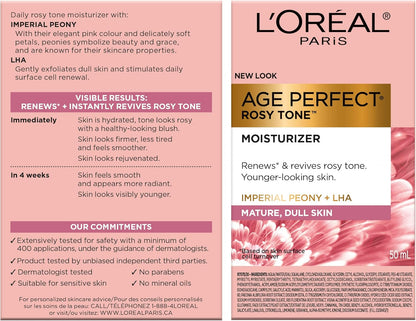 L’Oréal Paris Day Face Moisturizer Cream, Age Perfect Rosy Tone, with LHA & Imperial Peony Extract, For Mature Skin Skincare, 50 ml