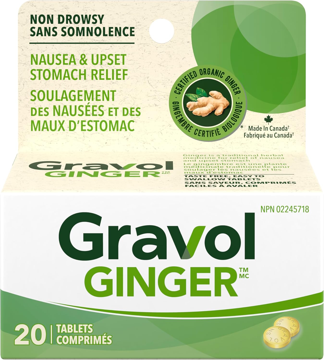 Gravol 生薑 - 抗噁心和緩解胃部不適，含有機生薑提取物 - 加拿大製造 - 不引起困倦、無味且易於吞嚥 - 20 片（1 包）