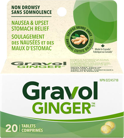 Gravol 生薑 - 抗噁心和緩解胃部不適，含有機生薑提取物 - 加拿大製造 - 不引起困倦、無味且易於吞嚥 - 20 片（1 包）