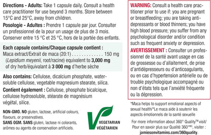 Jamieson High Potency Maca 3,000 mg, Helps to Support Emotional Aspects of Sexual Health and a Healthy Mood Balance. Vegetarian, Non-GMO, Gluten-Free, Only One Per Day, 60 Count