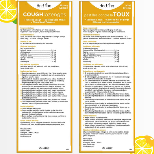 Herbion Naturals 天然蜂蜜柠檬味止咳润喉糖，25 粒润喉糖 - 缓解咳嗽、清除鼻塞、舒缓咽喉痛；适用于成人和 12 岁及以上儿童
