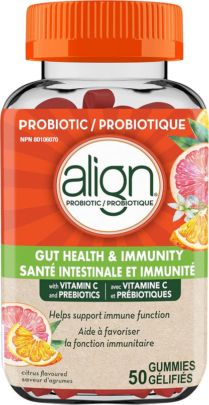Align 肠道健康与免疫益生元 + 益生菌软糖，男女适用，有助于维持身体健康和免疫功能，柑橘味，50 粒