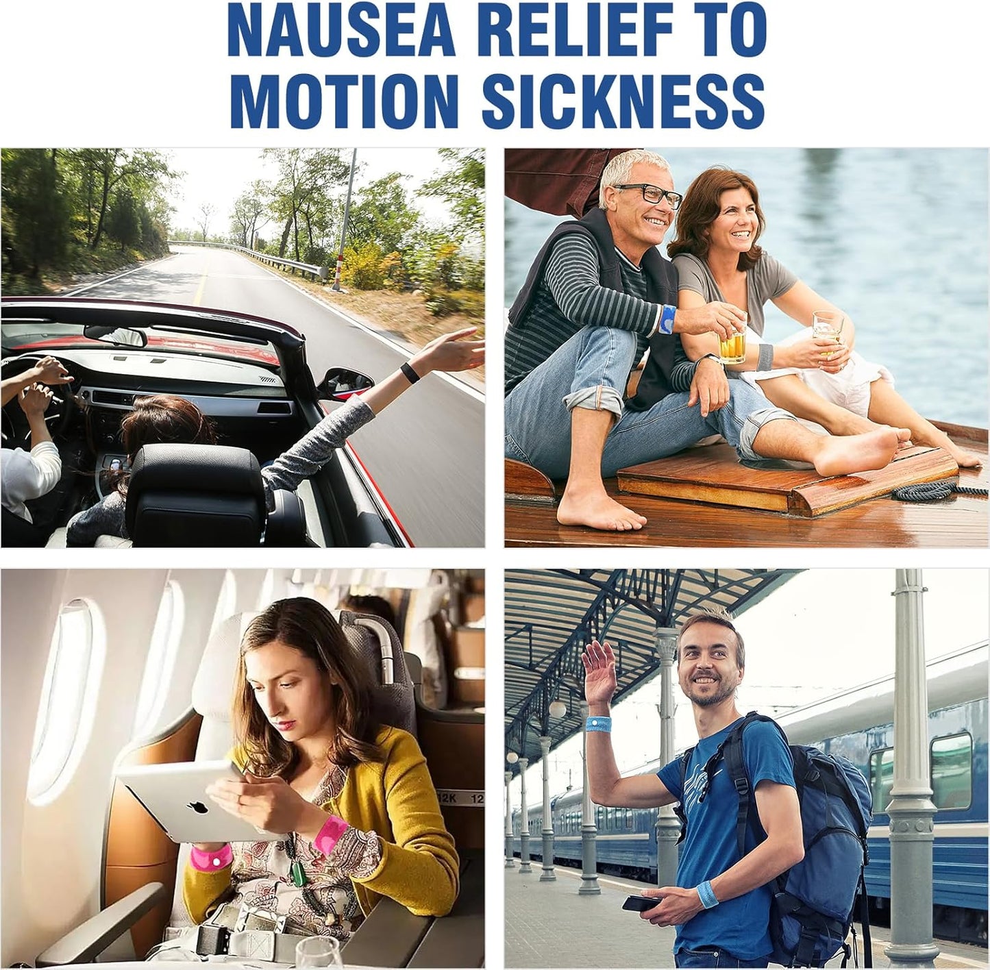 Hionfurt 成人和儿童晕车腕带，用于晕车晕船、孕期恶心缓解、晨吐缓解、穴位按摩腕带 - 2 对，灰色、黑色