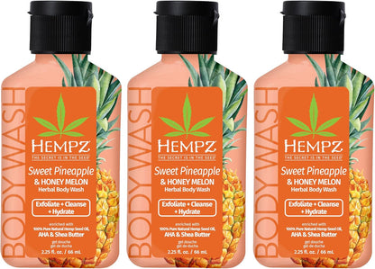 Hempz Mini Body Wash, 3-Pack, Sweet Pineapple & Honey Melon, travel essentials, small body wash, 2.25 oz