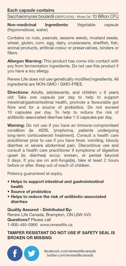 Renew Life BoulardiiMAX, Intestinal Targeting, Antibiotic-Associated Diarrhea, Travel Support Probiotic, 30 Vegetable Capsules, 1 Count