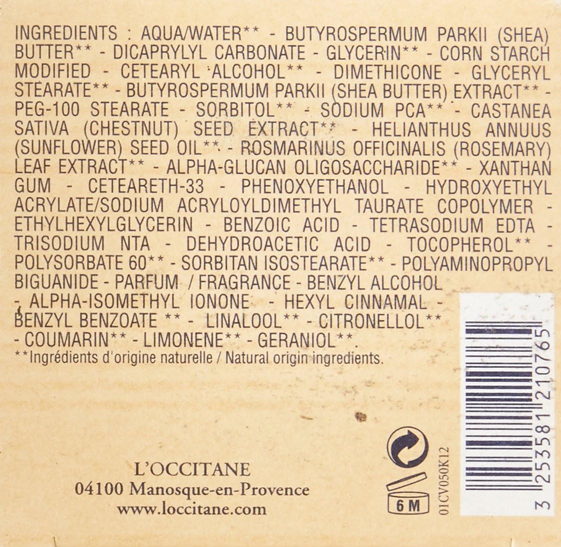 L'OCCITANE LOccitane Shea Butter Ultra Rich Face Cream Face Cream Unisex 1.7 oz