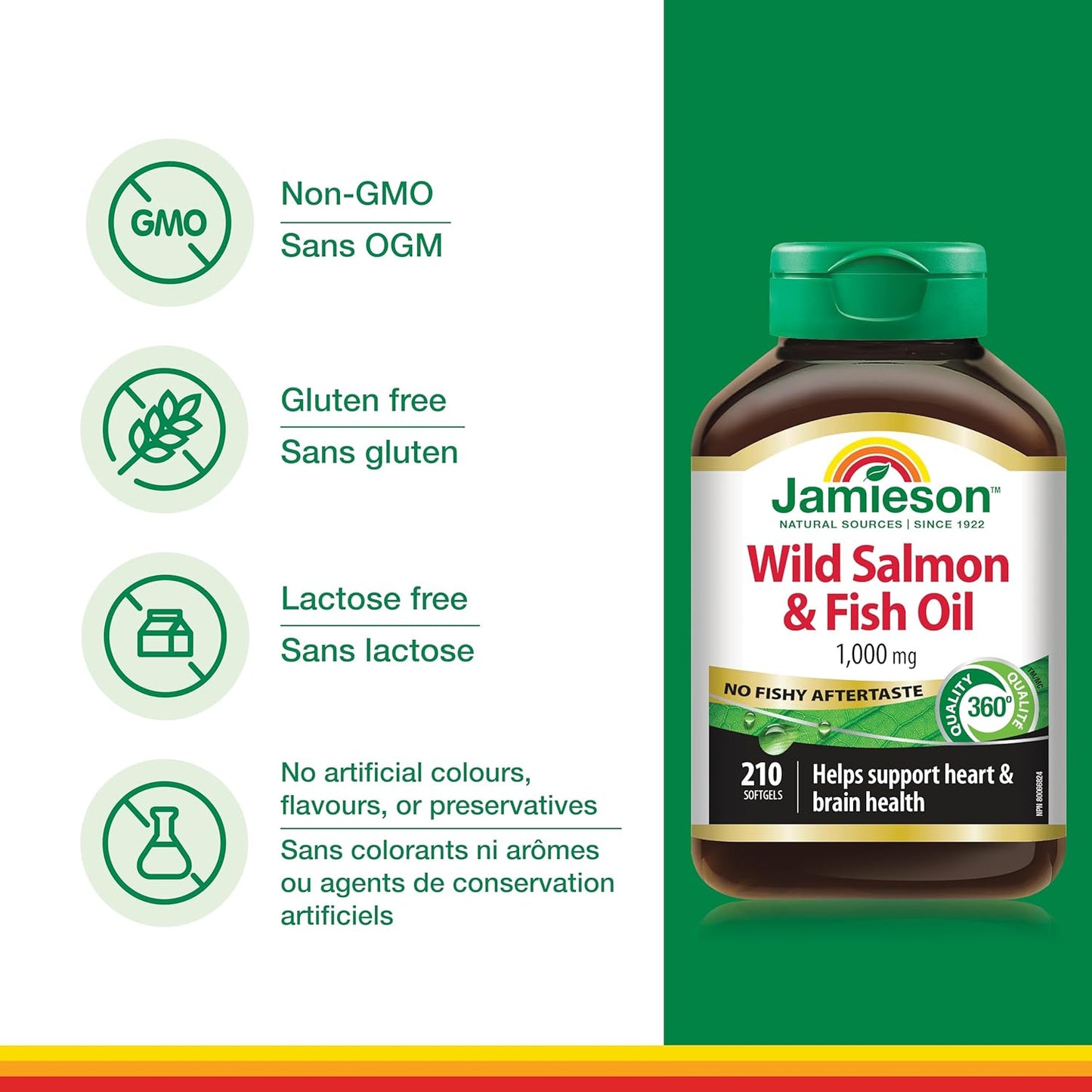 Jamieson 野生鮭魚魚油 1000 毫克，無魚腥味，有益心臟和大腦健康。蘊含阿拉斯加野生鮭魚、EPA 和 DHA，非基因改造，無麩質，加拿大製造，210 粒軟膠囊