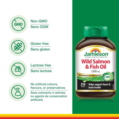 Jamieson 野生鮭魚魚油 1000 毫克，無魚腥味，有益心臟和大腦健康。蘊含阿拉斯加野生鮭魚、EPA 和 DHA，非基因改造，無麩質，加拿大製造，210 粒軟膠囊