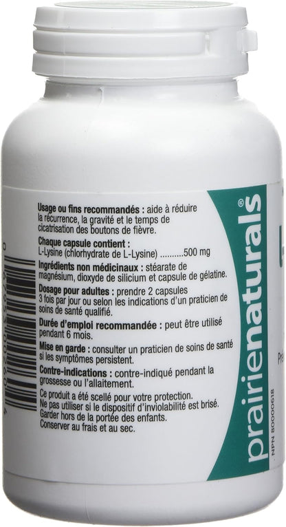 Prairie Naturals 賴氨酸 500 毫克 - 90 粒膠囊 - 有助於減少單純皰疹病毒 (HSV) 感染（例如唇皰疹）的復發，是一種必需氨基酸。賴氨酸也有助於膠原蛋白的形成。非基因改造，無麩質