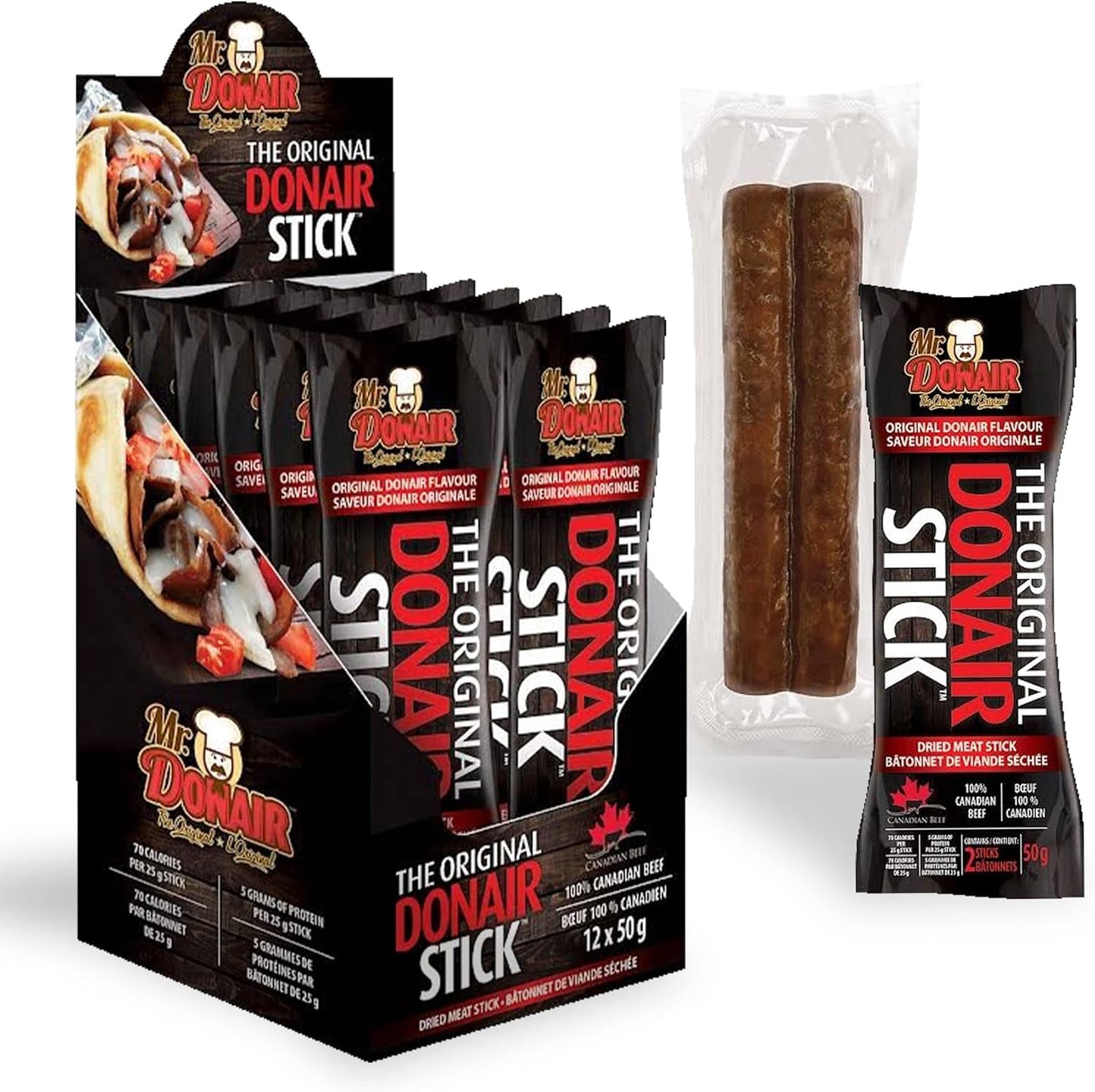Donair Flavoured Dried Meat Stick - Made with 100% Canadian Beef - Protein Rich, Perfect for Snacks - 70 Calories Per Stick (12 x 50g pkgs - 24 sticks per box)