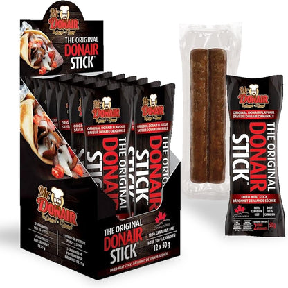 Donair Flavoured Dried Meat Stick - Made with 100% Canadian Beef - Protein Rich, Perfect for Snacks - 70 Calories Per Stick (12 x 50g pkgs - 24 sticks per box)
