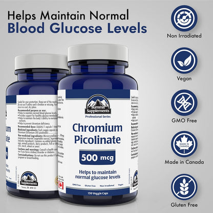 Chromium Picolinate 500mcg 150 Vegan Caps, 150-Day Supply, Supports Glucose Metabolism, Appetite & Craving Management, Metabolic & Muscle Support, GMO & Gluten-Free, Plastic Negative, Proudly Canadian