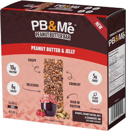 PB&Me Peanut Butter Protein Bars –Peanut Butter & Jelly, 10g Protein, Low Sugar, High Fiber, No Artificial Sweeteners or Preservatives, Meal Replacement, 5-Pack, Snack Bars for Work, Gym & Travel