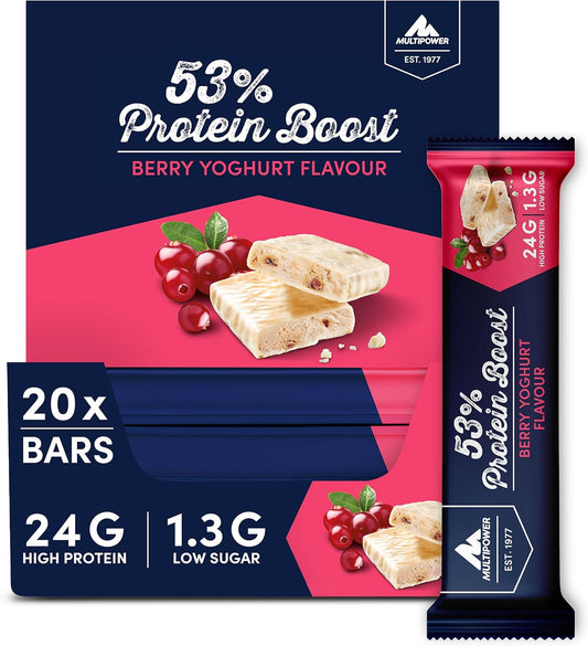Multipower 53% Protein Boost Bar - Berry Yoghurt Flavor - High-Protein Low-Sugar Snack - 45g Bars (20 Pack)