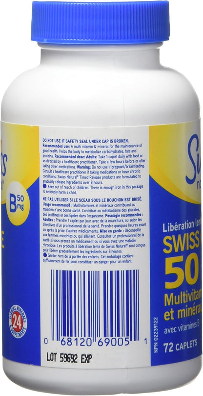 瑞士天然定時釋放 Swiss One 50 | 多效合一複合維生素和礦物質，含 B 群維生素 | 日常維護整體健康 | 無添加劑（72 粒膠囊）