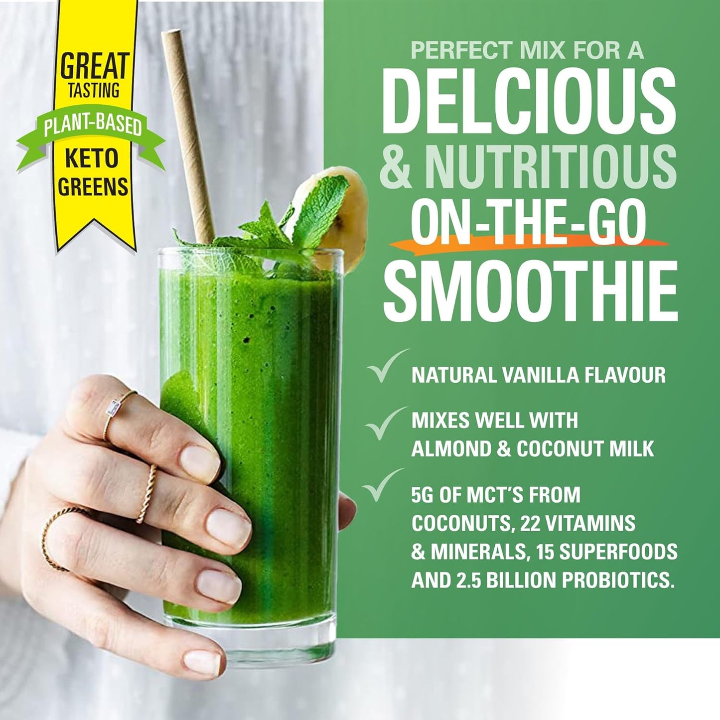 純素純酮綠葉蔬菜，含 MCT 和益生菌 - 香草味，15 種超級食物，22 種維生素，營養豐富的混合物，水果、綠葉蔬菜和蔬菜，0 克糖，無麩質 - 24 份