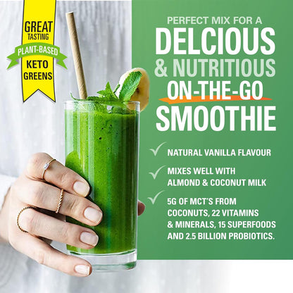純素純酮綠葉蔬菜，含 MCT 和益生菌 - 香草味，15 種超級食物，22 種維生素，營養豐富的混合物，水果、綠葉蔬菜和蔬菜，0 克糖，無麩質 - 24 份