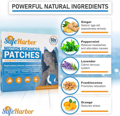 SafeHarbor Motion Sickness Patches | Anti Nausea Patches for Your Cruise Essentials | Natural and Non Drowsy Sea Sickness Patches for Cruise, Car Sickness, Flying and More (50 Count, 50, Count)