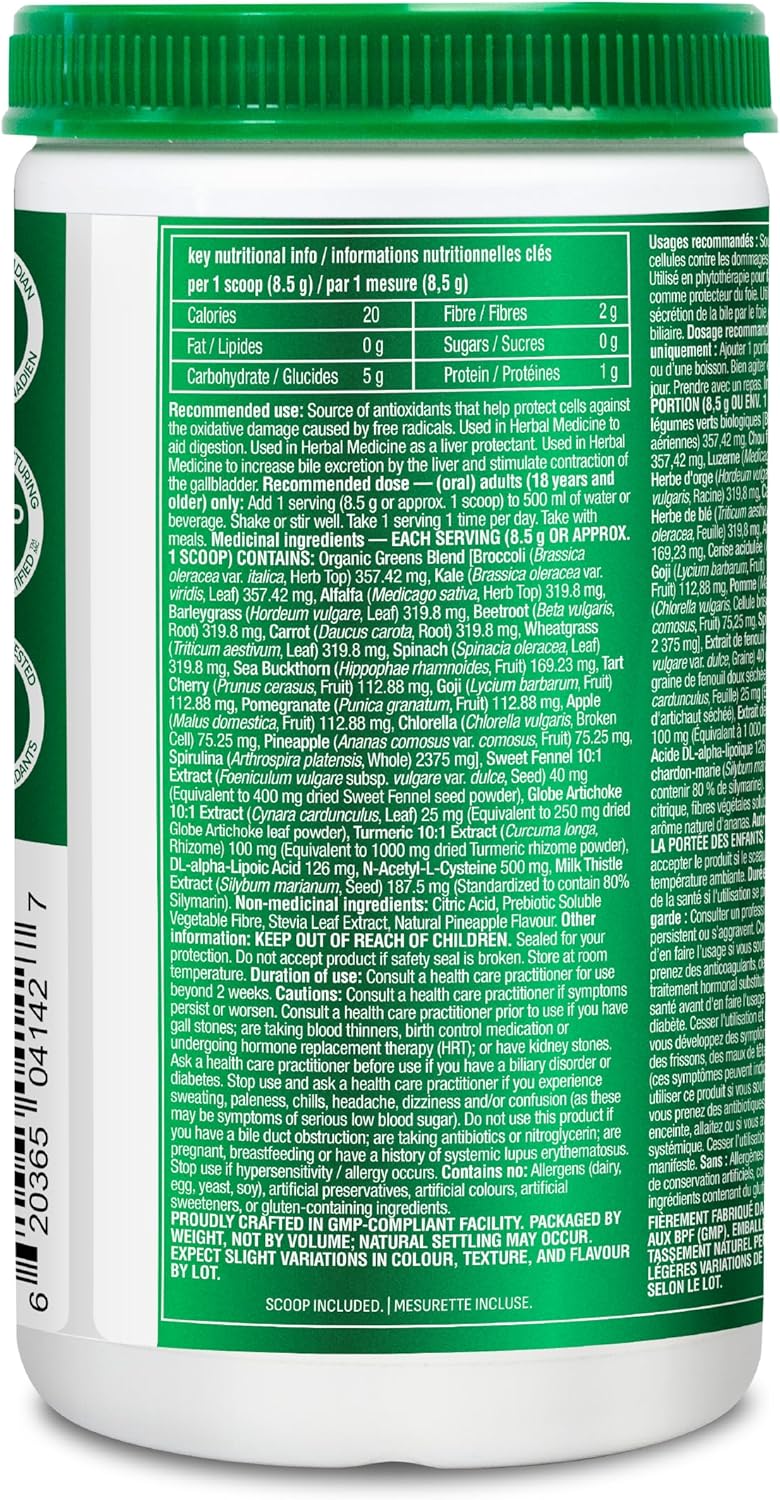 Organika Canadian-Made Digest Greens for Gut Health + Bloat Relief- Organic Greens Powder with NAC and Milk Thistle- Detox, Antioxidants, Digestion and Liver Support - Pineapple Punch Flavour- 340g