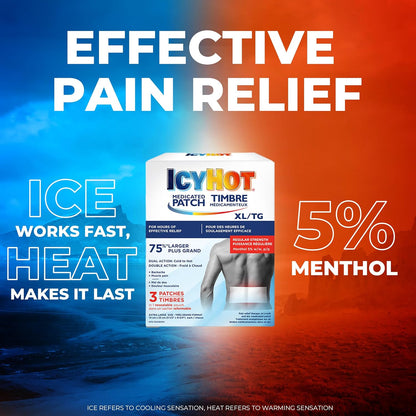 冰热药用加大号止痛贴，大号贴片，用于暂时缓解关节炎、腰痛、背痛和肌肉疼痛，薄荷醇 5%，3 片