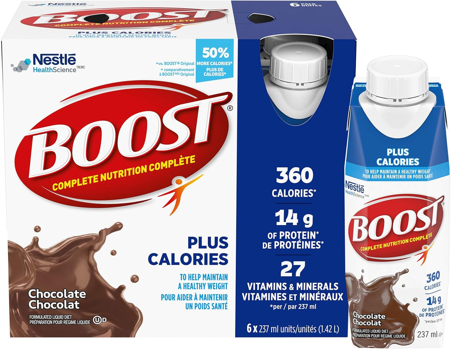BOOST 2.24 卡路里/毫升，成人全营养饮料 & PLUS 全营养饮料，巧克力味，6x237 毫升瓶装，每箱 4 瓶，包装可能有所不同
