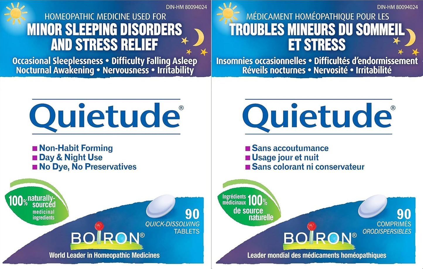 Boiron Quietude 90片，适用于睡眠和轻微睡眠障碍（烦躁不安、入睡困难、夜醒、偶尔失眠）以及神经紧张（过敏、烦躁）。顺势疗法药物。