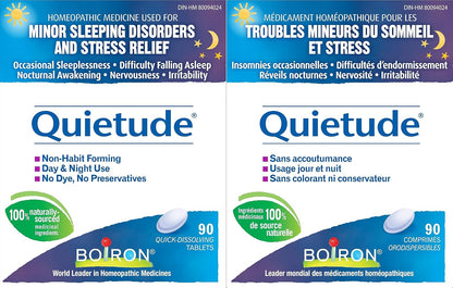 Boiron Quietude 90片，适用于睡眠和轻微睡眠障碍（烦躁不安、入睡困难、夜醒、偶尔失眠）以及神经紧张（过敏、烦躁）。顺势疗法药物。