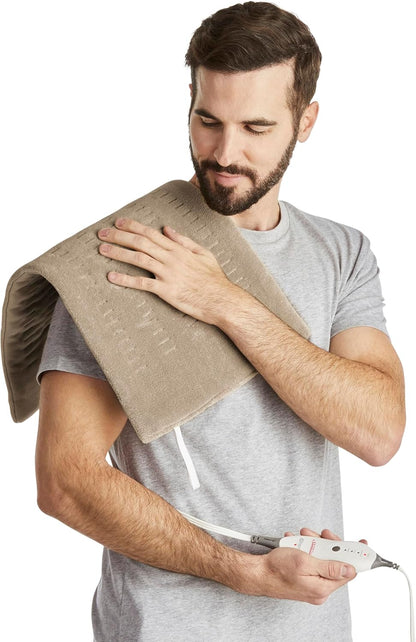 Sunbeam 高級特大號加熱墊，帶緊湊存儲 - 濕潤集成加熱墊，緩解疼痛，4 種加熱設置，2 小時自動關閉，米色