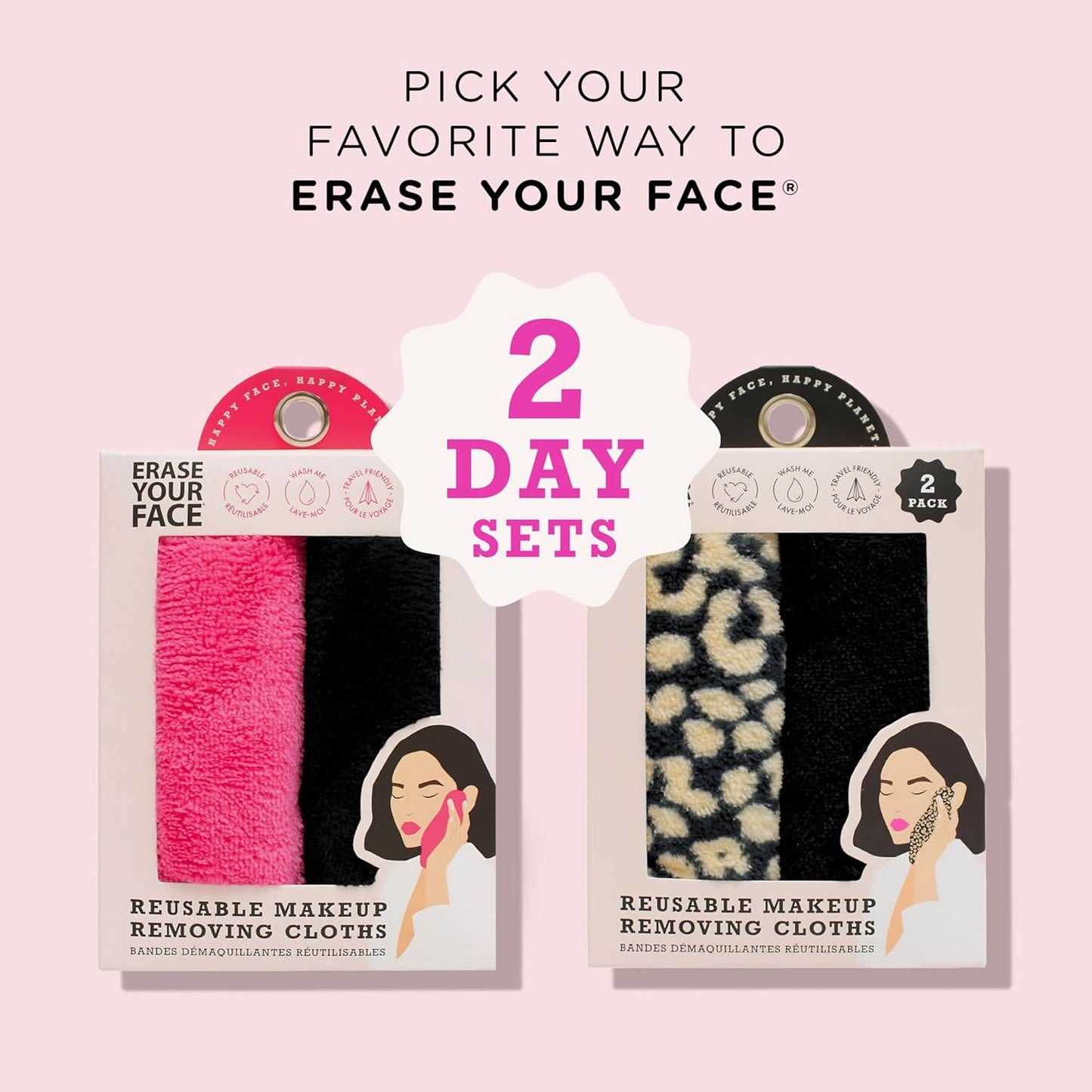 ERASE YOUR FACE 卸妆巾 - 可重复使用的超细纤维面巾，用于清洁和卸妆 - 水激活，双面设计，方便使用 - 粉色/黑色（2 条）