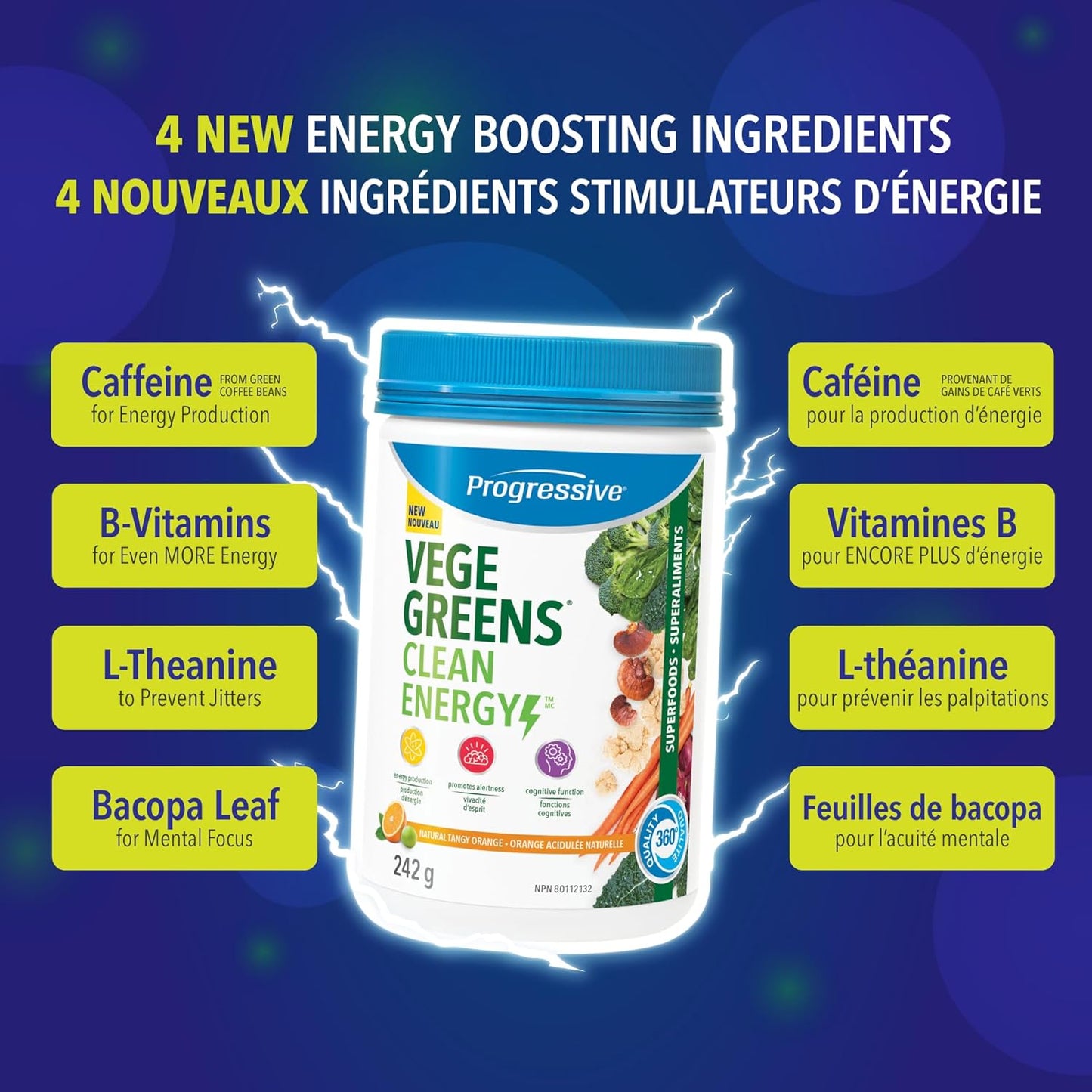 Progressive VegeGreens 清洁能源天然酸橙味 242 克 | 促进能量生产，提高警觉性和认知功能