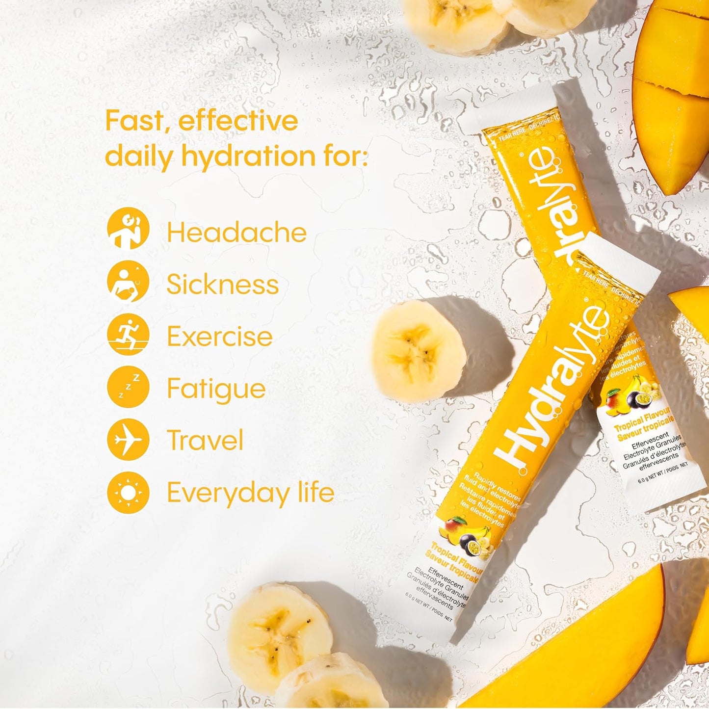 Hydralyte Electrolyte Powder, Low Sugar Electrolyte Sticks Designed for Rapid Hydration, Safe Hydration for All Ages - Made with All Natural Ingredients, 12 Servings, Tropical Flavour