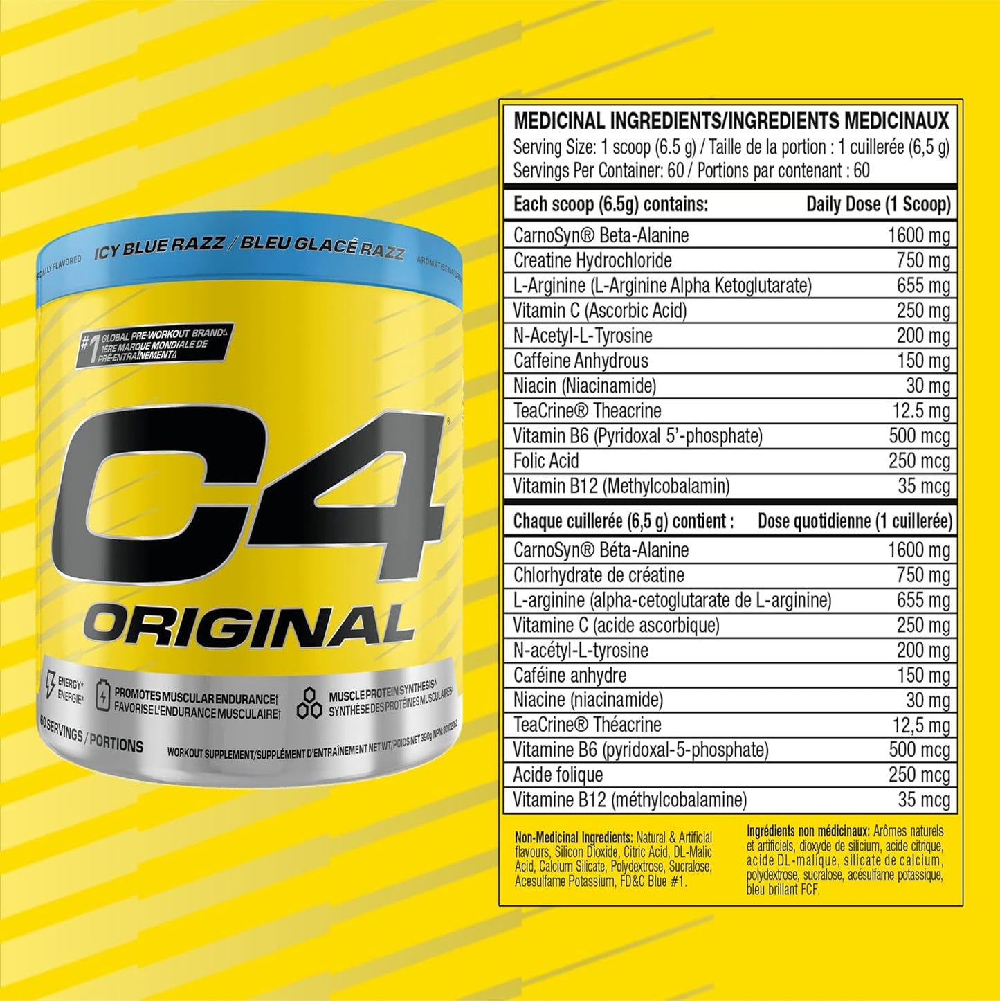 Cellucor C4 原装运动前粉 - 男女适用无糖运动前能量 - 150 毫克咖啡因、β-丙氨酸、肌酸 - Icy Blue Razz，60 份