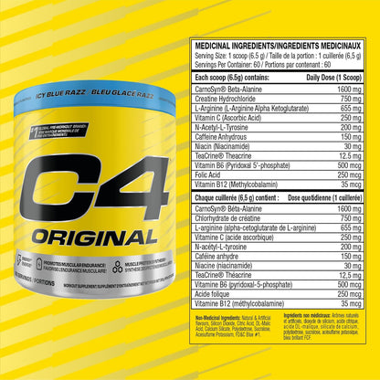 Cellucor C4 原装运动前粉 - 男女适用无糖运动前能量 - 150 毫克咖啡因、β-丙氨酸、肌酸 - Icy Blue Razz，60 份