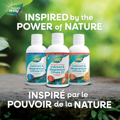 Nature's Way 檸檬酸鈣鎂 2:1 液體補充劑，含維生素 K2 和膠原蛋白，有助於維持骨骼和牙齒健康，草莓味，500 毫升，包裝可能有所不同