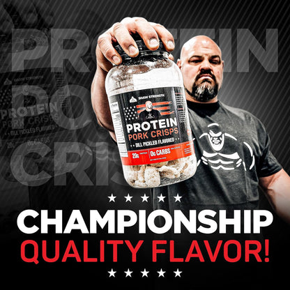 Shaw Strength Protein 豬皮（蒔蘿泡菜味，8盎司）；專為世界最強壯男人 Brian Shaw 研發，生酮友好，高蛋白，無碳水化合物，全天然，椰子油炸