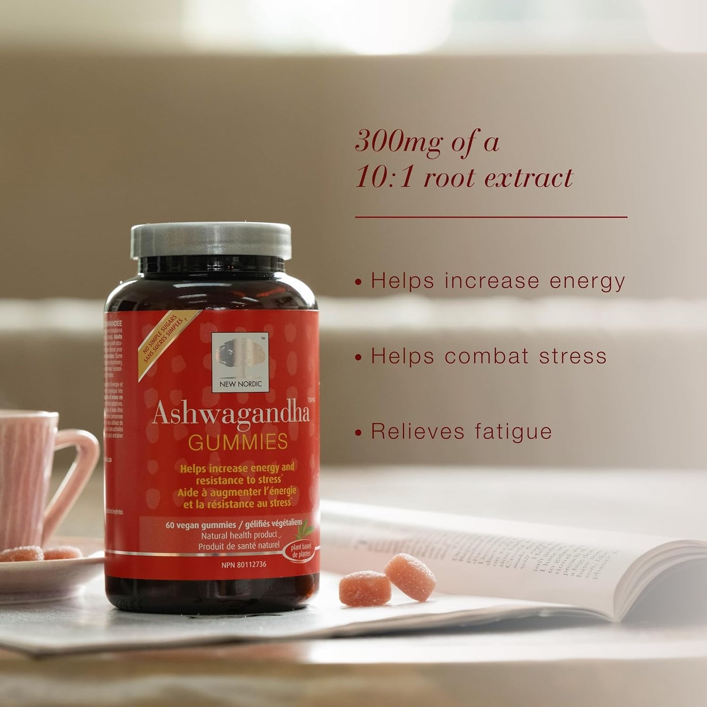 New Nordic Ashwagandha Gummies - Dietary Supplement for Stress Relief & Energy Support - Sugar-Free, Non-GMO, Gluten-Free & Dairy-Free - 60 Vegan Gummies