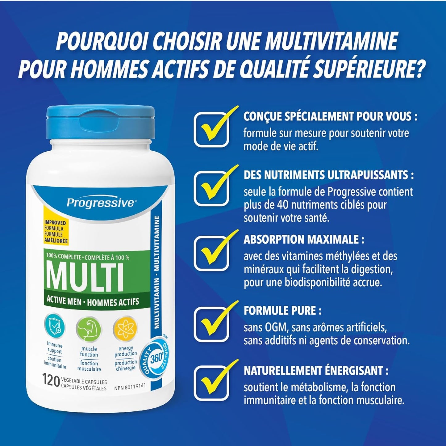 Progressive Advanced 活力男士每日复合维生素，含槲皮素、玛卡、南非醉茄和西伯利亚人参。支持免疫健康、肌肉功能和能量，100% 完整配方，加拿大制造，120 粒装