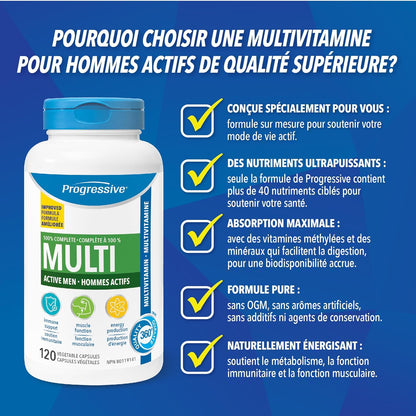 Progressive Advanced 活力男士每日复合维生素，含槲皮素、玛卡、南非醉茄和西伯利亚人参。支持免疫健康、肌肉功能和能量，100% 完整配方，加拿大制造，120 粒装