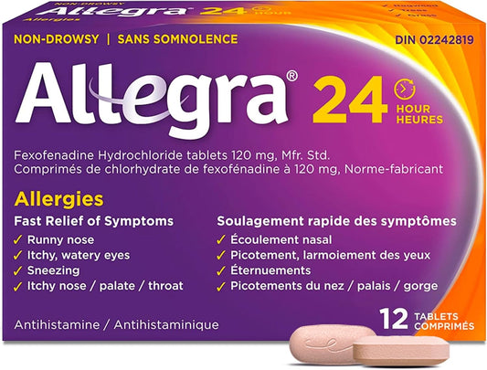 Allegra 24 小时抗过敏药，不引起嗜睡，快速有效的多症状抗过敏药，用于缓解打喷嚏、流泪和喉咙发痒，盐酸非索非那定 120 毫克，12 片装