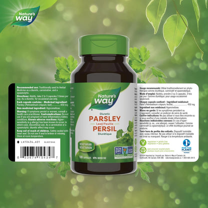 Nature's Way 歐芹葉 - 利尿劑 - 每粒膠囊含 450 毫克歐芹葉 - 傳統草本祛風解痙劑 - 非基因改造 - 100 粒素食膠囊