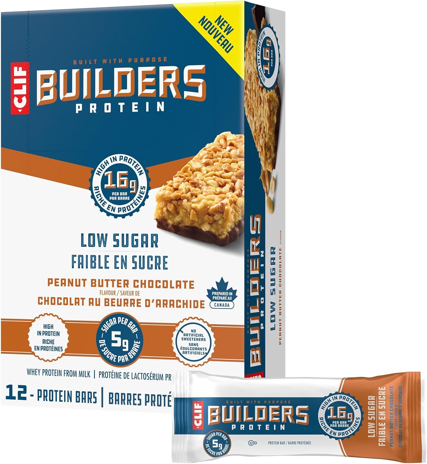 CLIF BUILDERS 低糖蛋白棒，12 包，每包 56 克，16 克蛋白质，5 克糖，不含人工甜味剂，花生酱巧克力味，高蛋白零食，加拿大制造