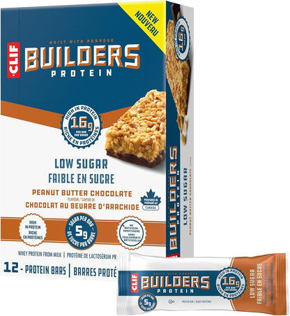 CLIF BUILDERS 低糖蛋白棒，12 包，每包 56 克，16 克蛋白质，5 克糖，不含人工甜味剂，花生酱巧克力味，高蛋白零食，加拿大制造