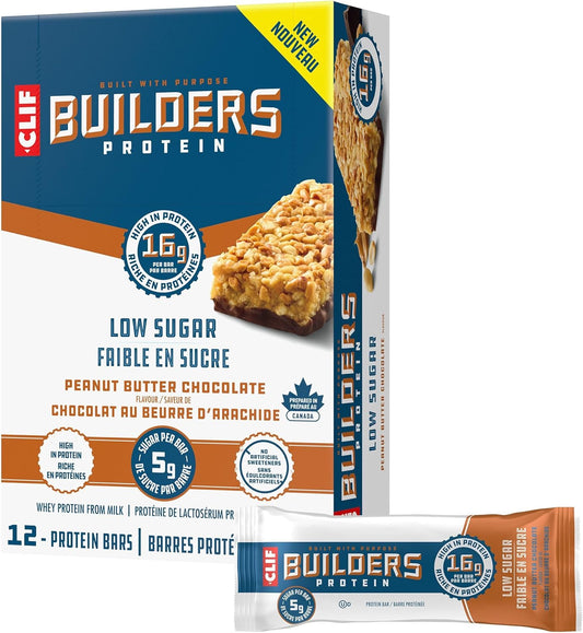 CLIF BUILDERS 低糖蛋白棒，12 包，每包 56 克，16 克蛋白质，5 克糖，不含人工甜味剂，花生酱巧克力味，高蛋白零食，加拿大制造