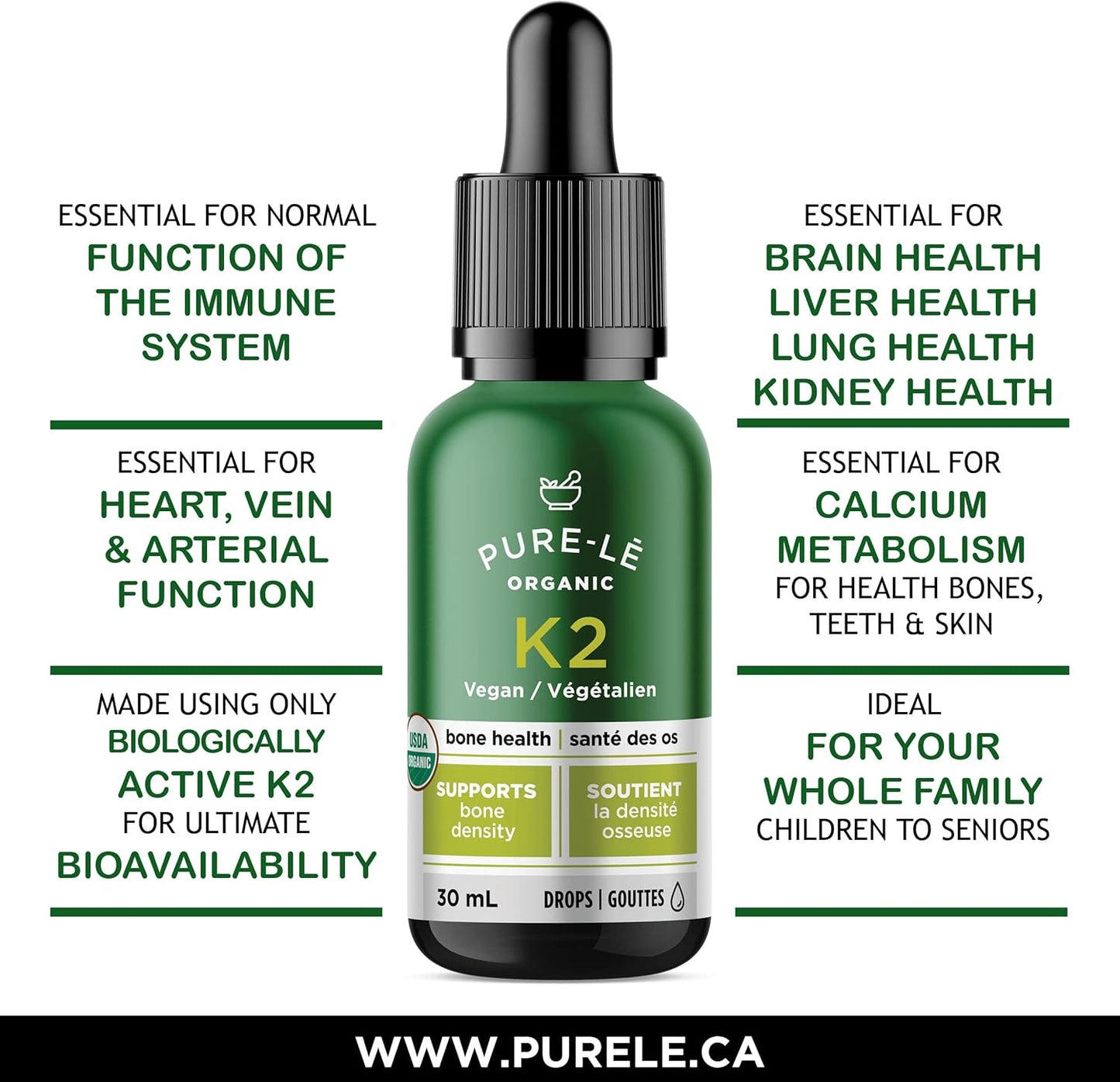 美国农业部有机维生素K2 (MK-7)滴剂，适合全家使用 - 完全生物可利用 - 速效，老少皆宜。犹太洁食认证，纯素，非转基因。无副作用 - 加拿大制造，超优质膳食补充剂