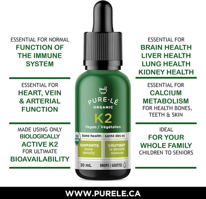美国农业部有机维生素K2 (MK-7)滴剂，适合全家使用 - 完全生物可利用 - 速效，老少皆宜。犹太洁食认证，纯素，非转基因。无副作用 - 加拿大制造，超优质膳食补充剂