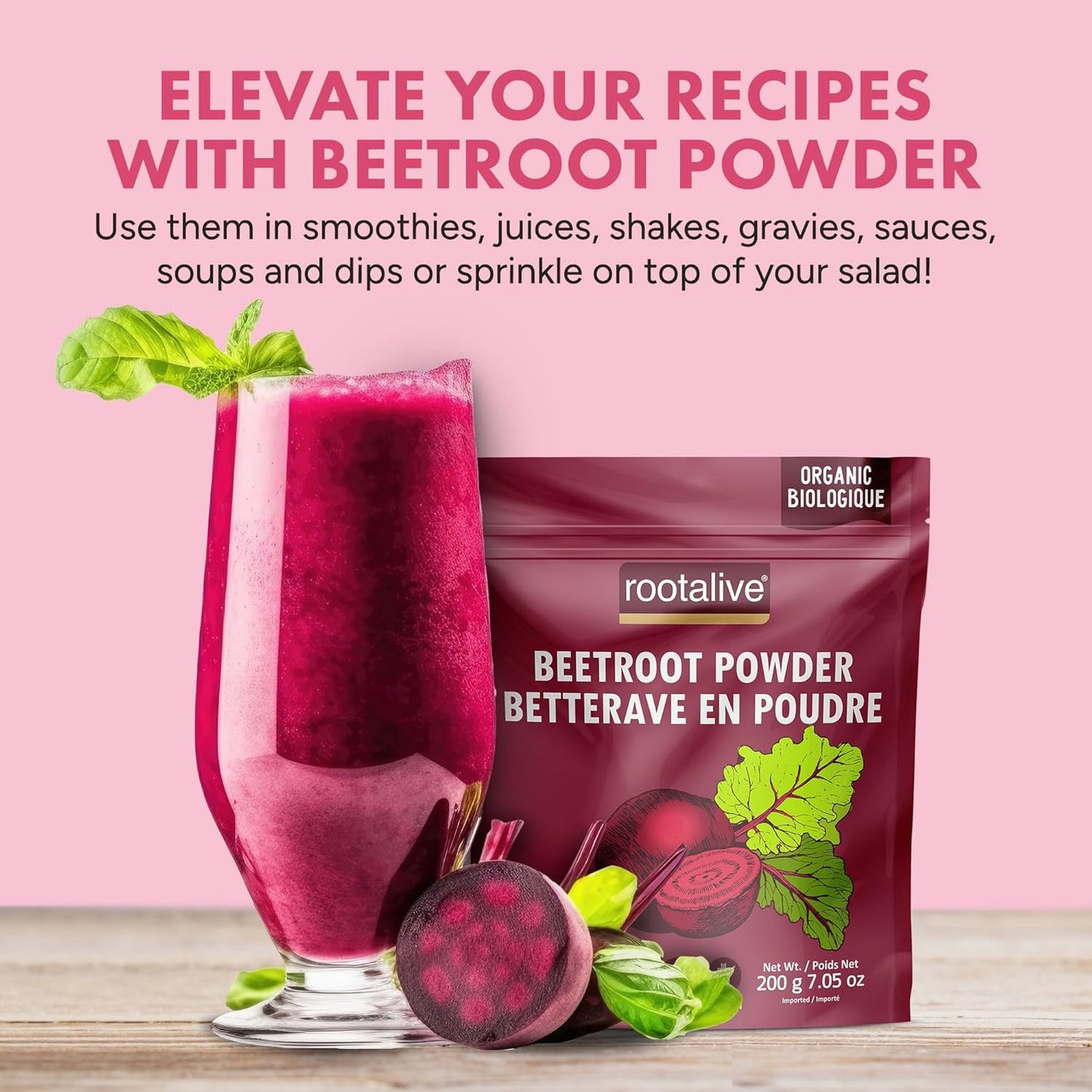 Rootalive Organic Beetroot Powder 200g, Raw and Vegan Superfood Beet Powder for Smoothies, Juice, Sauces, Baked goods and More