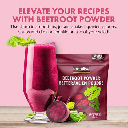 Rootalive Organic Beetroot Powder 200g, Raw and Vegan Superfood Beet Powder for Smoothies, Juice, Sauces, Baked goods and More