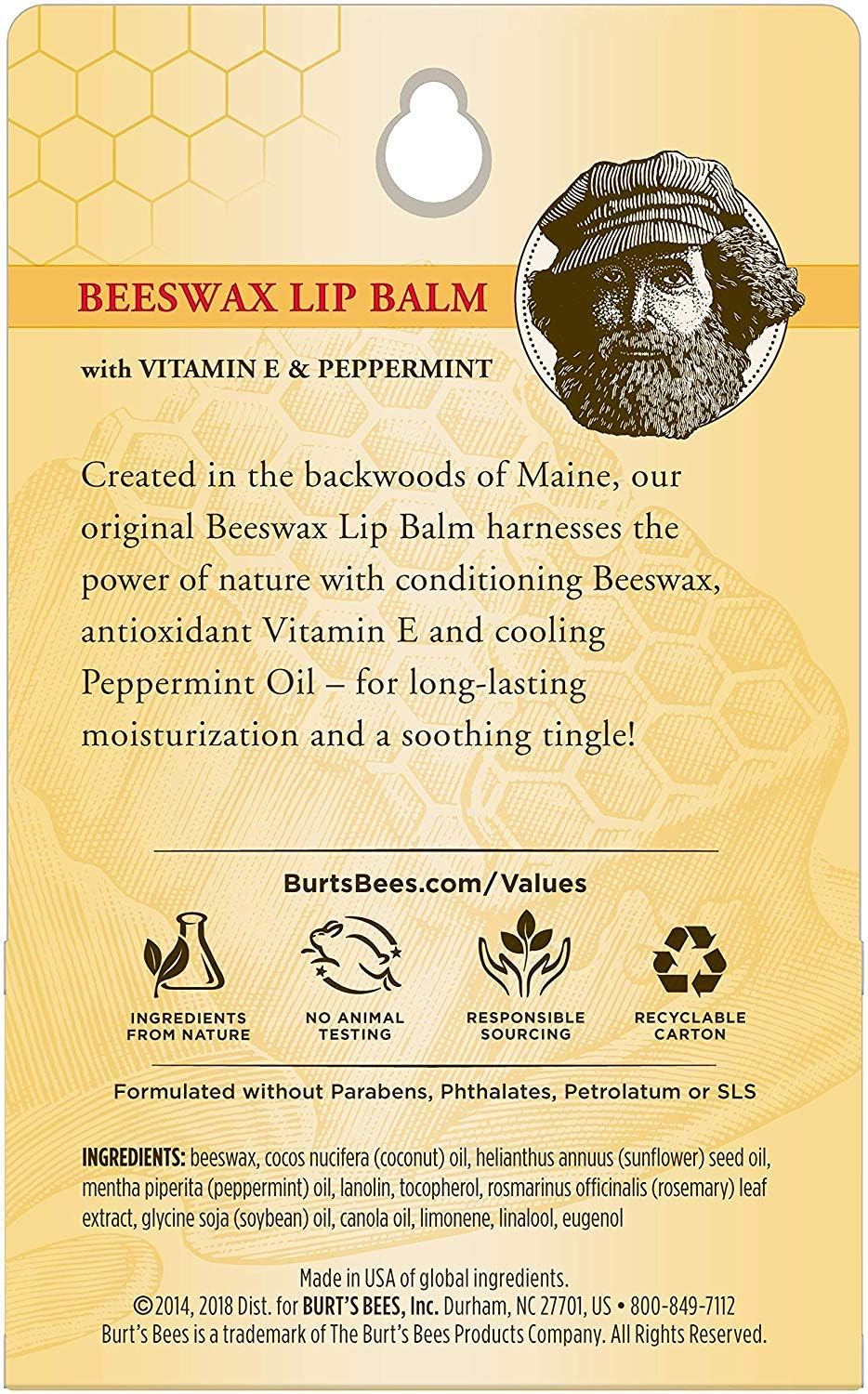 Burt's Bees 100% 天然保湿润唇膏，适用于干裂嘴唇，令双唇柔软水润 - 2 支装 - 原装蜂蜡唇部修复